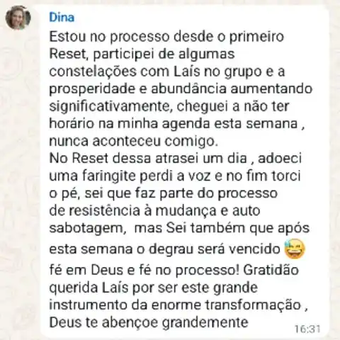 Print do depoimento de Dina no grupo do Reset