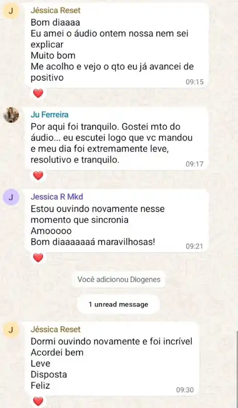 Print do depoimento de Jéssica e Ju Ferreira no grupo do Reset