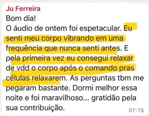 Print do depoimento de Ju Ferreira no grupo do Reset