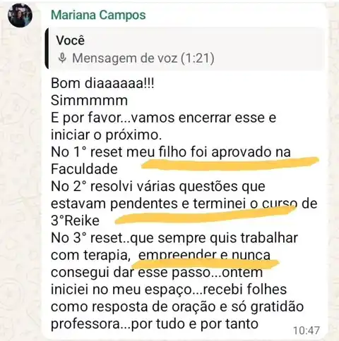 Print do depoimento de Mariana Campos no grupo do Reset